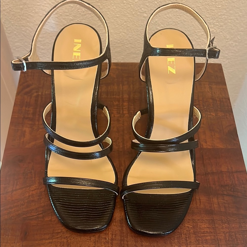 Inez Sasha Black crocodile Strappy Block Heels